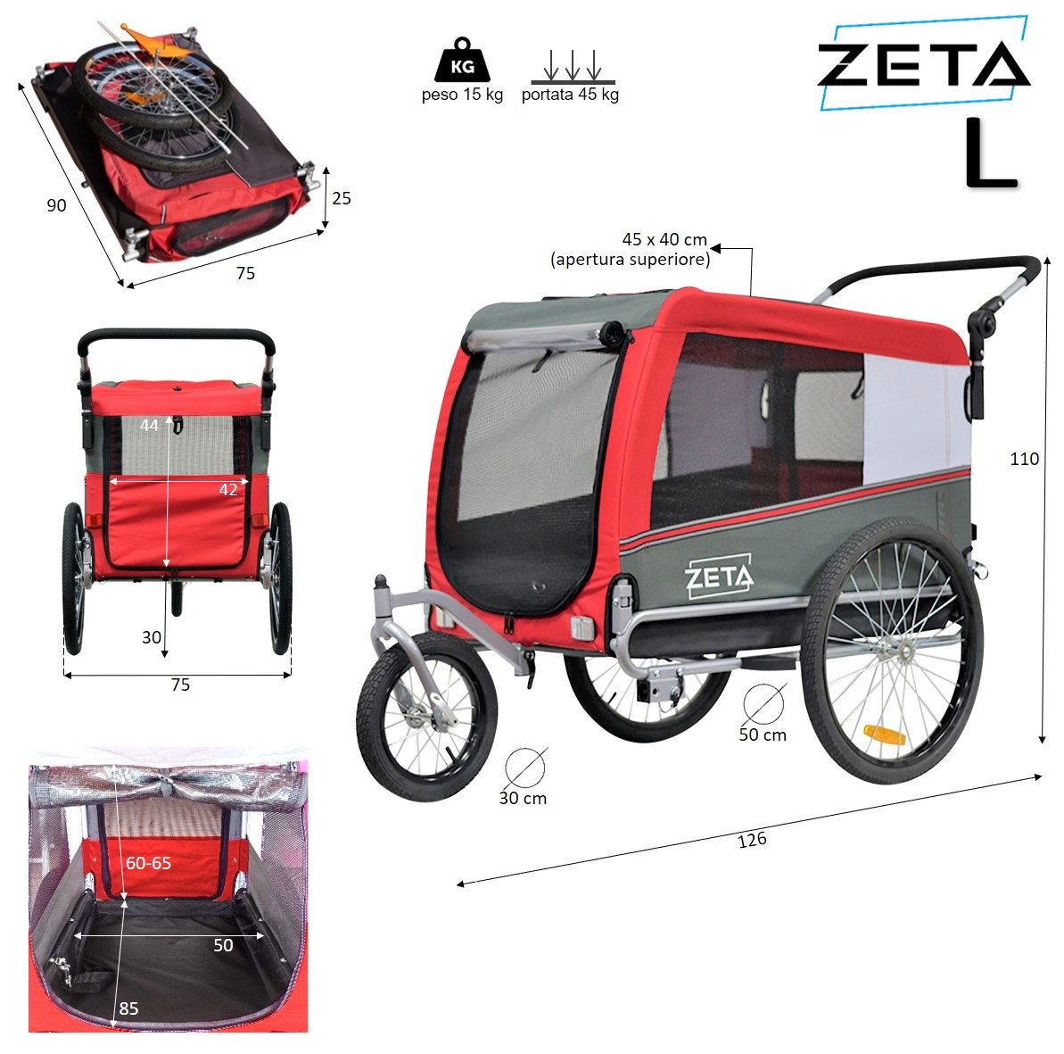 Remorque vélo + poussette pour chien | Mod. \"ZETA LARGE\" (Dimensions intérieures: 50x85 cm)
